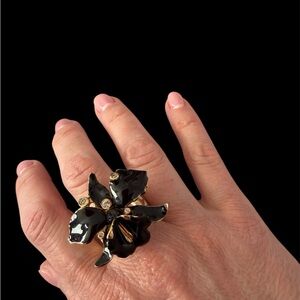 Auth vintage 90s Versace Black Gold Flower Ring Rhinestones Gianni Versace Era